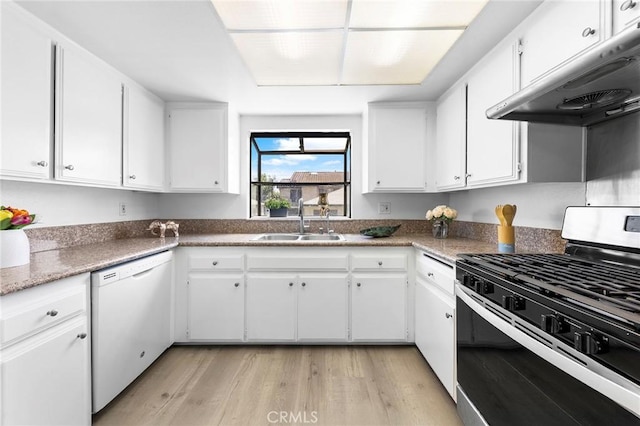321 N Lincoln Ave Unit B, Monterey Park, CA 91755 - kitchen featuring stainless steel gas range oven, white dishwasher, ventilation hood, white cabinetry, and light wood-style flooring