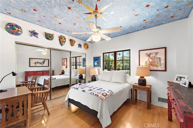 3805 Vista Azul, San Clemente, CA 92672 - bedroom featuring light wood-type flooring, a closet, baseboards, and a ceiling fan