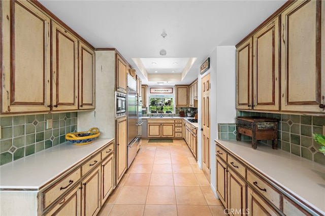 3805 Vista Azul, San Clemente, CA 92672 - kitchen featuring light tile patterned flooring, decorative backsplash, stainless steel microwave, recessed lighting, and wall oven