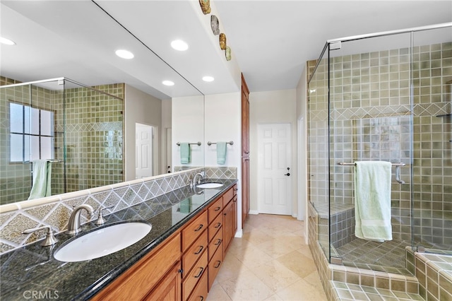 3805 Vista Azul, San Clemente, CA 92672 - bathroom featuring a stall shower, double vanity, recessed lighting, and tile patterned floors