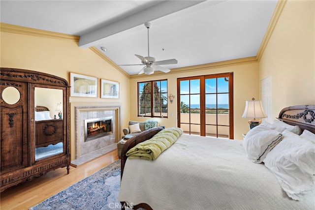 3805 Vista Azul, San Clemente, CA 92672 - bedroom featuring light wood-style flooring, access to outside, a premium fireplace, ornamental molding, and ceiling fan