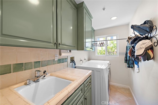 3805 Vista Azul, San Clemente, CA 92672 - clothes washing area featuring cabinet space, washer and dryer, baseboards, light tile patterned flooring, and recessed lighting