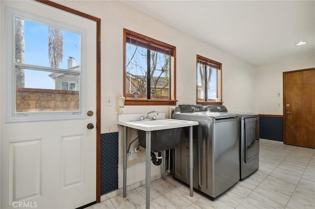 3808 E Summitridge Ln, Orange, CA 92867 - clothes washing area featuring wallpapered walls, separate washer and dryer, and a wainscoted wall