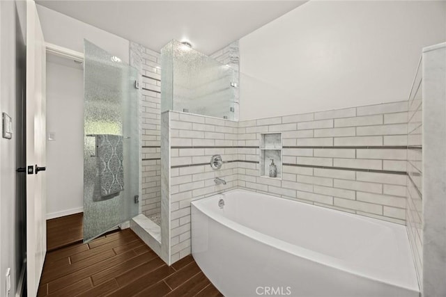 152 Spinks Canyon Rd, Bradbury, CA 91008 - bathroom featuring a bath, wood finished floors, and tiled shower