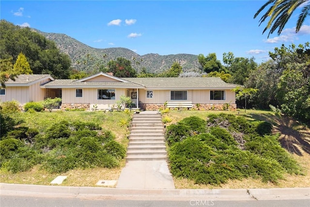 152 Spinks Canyon Rd, Bradbury, CA 91008 - ranch-style house featuring a mountain view, stone siding, and stairs