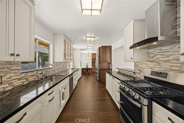 152 Spinks Canyon Rd, Bradbury, CA 91008 - kitchen featuring appliances with stainless steel finishes, wall chimney range hood, dark wood finished floors, and tasteful backsplash