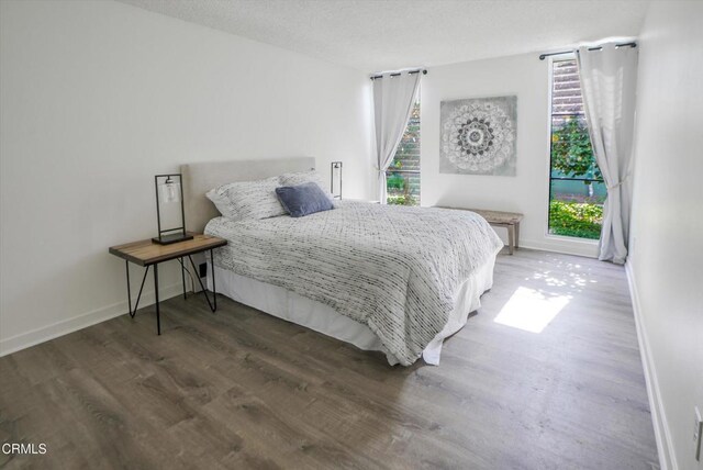 bedroom featuring multiple windows, wood finished floors, and baseboards