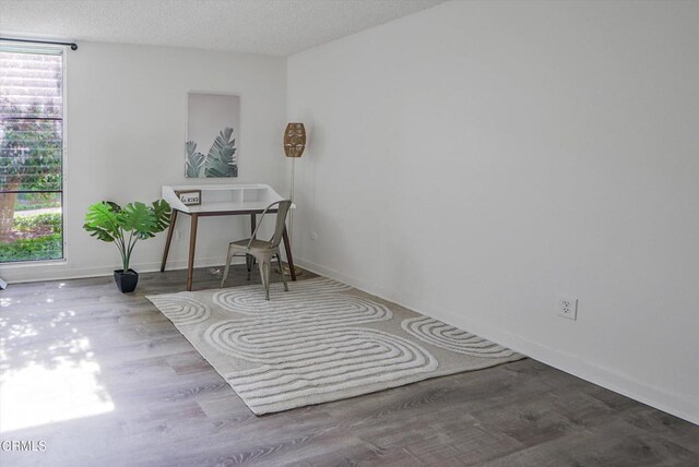 home office featuring wood finished floors, baseboards, and a textured ceiling
