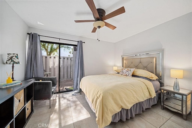3155 E Ramon Rd Unit 607, Palm Springs, CA 92264 - bedroom featuring access to outside, light tile patterned flooring, and ceiling fan