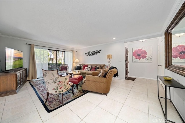 3155 E Ramon Rd Unit 607, Palm Springs, CA 92264 - living room with ornamental molding, light tile patterned floors, recessed lighting, and a textured ceiling