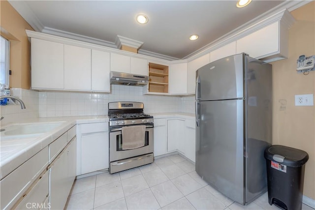 6371 Shawnee Rd, Westminster, CA 92683 - kitchen with appliances with stainless steel finishes, under cabinet range hood, a sink, open shelves, and white cabinets