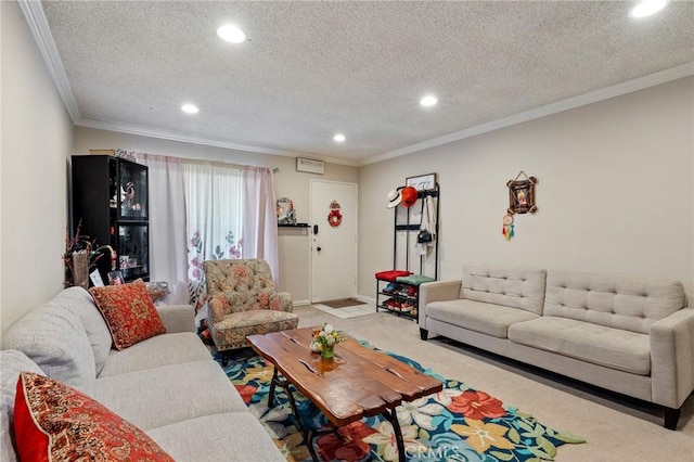 330 N Howard St Unit 201, Glendale, CA 91206 - carpeted living room featuring recessed lighting, a textured ceiling, and ornamental molding
