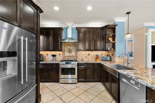 30463 Vineyard Ln, Castaic, CA 91384 - kitchen featuring appliances with stainless steel finishes, wall chimney range hood, a sink, open shelves, and decorative backsplash