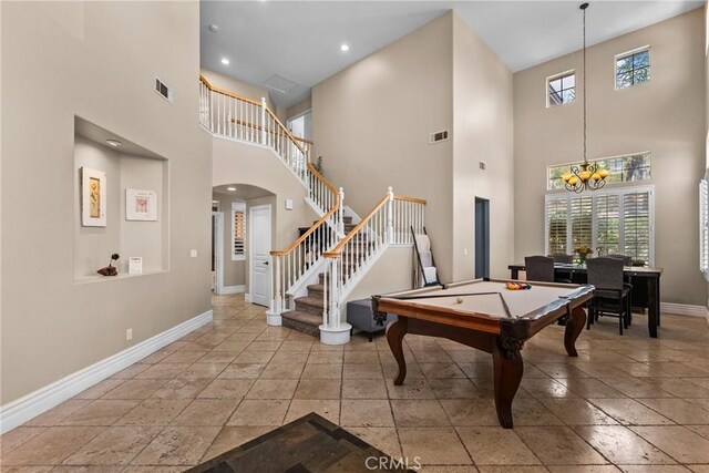 30463 Vineyard Ln, Castaic, CA 91384 - game room with baseboards, a towering ceiling, arched walkways, billiards table, and recessed lighting