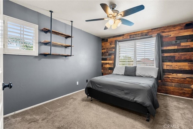30463 Vineyard Ln, Castaic, CA 91384 - carpeted bedroom with wooden walls, multiple windows, baseboards, and a ceiling fan