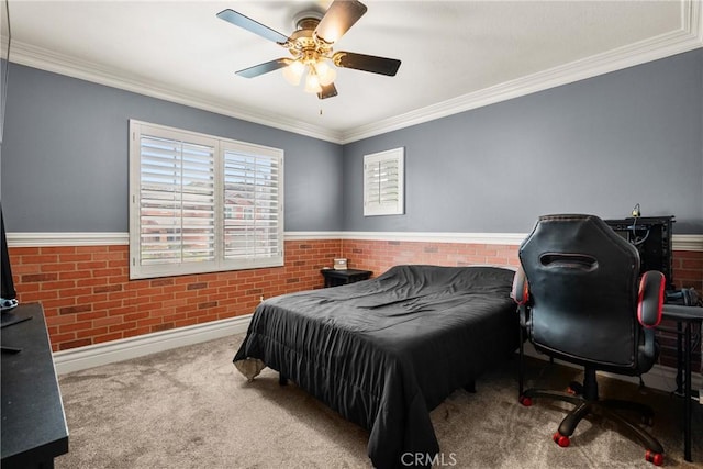 30463 Vineyard Ln, Castaic, CA 91384 - carpeted bedroom featuring brick wall, crown molding, baseboards, and a ceiling fan