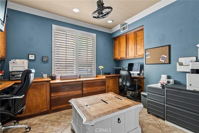 30463 Vineyard Ln, Castaic, CA 91384 - office with light tile patterned floors, ornamental molding, and recessed lighting