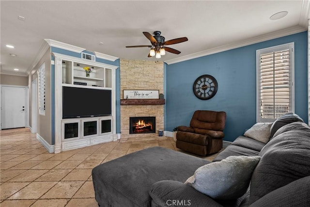30463 Vineyard Ln, Castaic, CA 91384 - living area with a ceiling fan, crown molding, built in features, baseboards, and a fireplace
