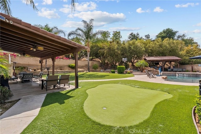 30463 Vineyard Ln, Castaic, CA 91384 - view of community featuring a gazebo, an area to practice putting, a fenced backyard, a patio, and a swimming pool