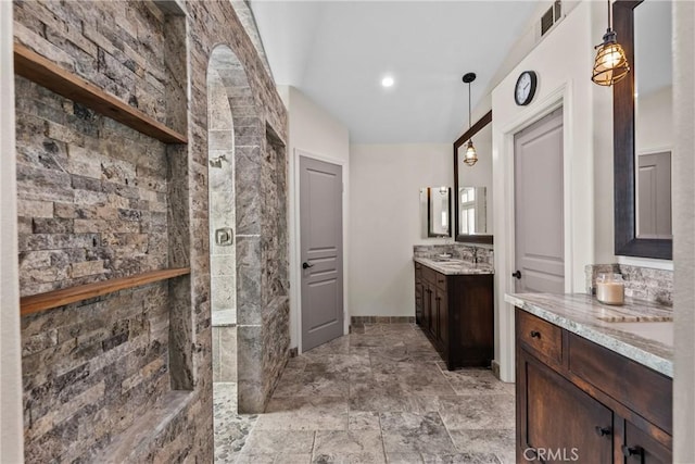 30463 Vineyard Ln, Castaic, CA 91384 - full bathroom with walk in shower, two vanities, baseboards, and recessed lighting