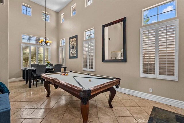 30463 Vineyard Ln, Castaic, CA 91384 - playroom featuring baseboards, a towering ceiling, a chandelier, and billiards table