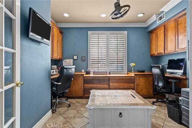 30463 Vineyard Ln, Castaic, CA 91384 - home office with built in desk, ornamental molding, light tile patterned floors, and recessed lighting
