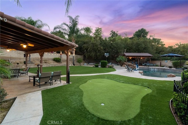 30463 Vineyard Ln, Castaic, CA 91384 - surrounding community featuring a gazebo, a putting area, a patio area, a fenced backyard, and a pool