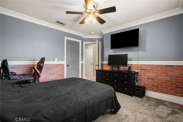 30463 Vineyard Ln, Castaic, CA 91384 - carpeted bedroom with a ceiling fan, crown molding, baseboards, and brick wall