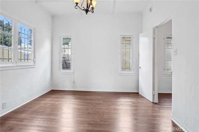 4235 Garthwaite Ave, Los Angeles, CA 90008 - unfurnished dining area with a chandelier, wood finished floors, beam ceiling, and baseboards
