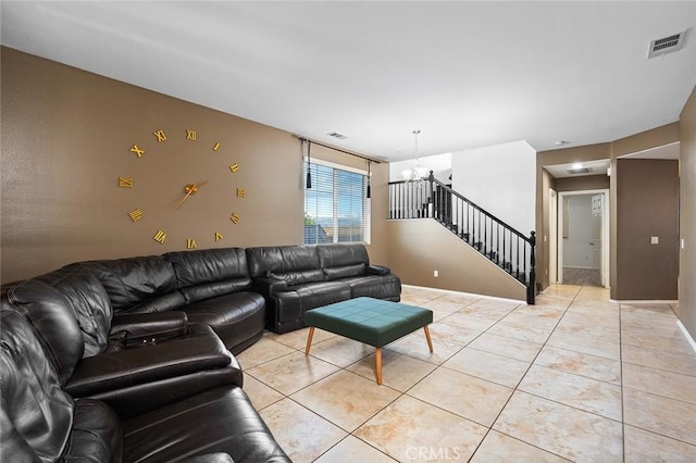 14271 Blackstone St, Hesperia, CA 92345 - living area featuring a chandelier, stairs, and light tile patterned floors