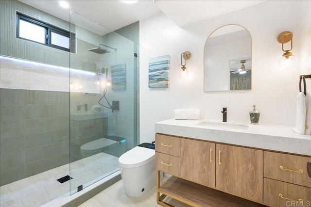 2464 Haller St, San Diego, CA 92104 - full bath featuring walk in shower, toilet, vanity, a ceiling fan, and tile patterned flooring