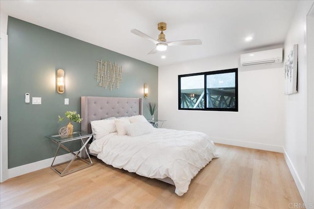 2464 Haller St, San Diego, CA 92104 - bedroom featuring a wall mounted AC, wood finished floors, baseboards, recessed lighting, and ceiling fan