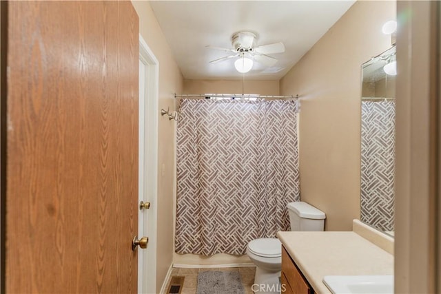 bathroom featuring ceiling fan, toilet, vanity, a shower with curtain, and tile patterned floors