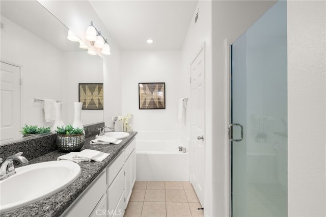 68 Webber Way, Buena Park, CA 90621 - full bathroom featuring tile patterned floors, a bath, a shower stall, double vanity, and recessed lighting