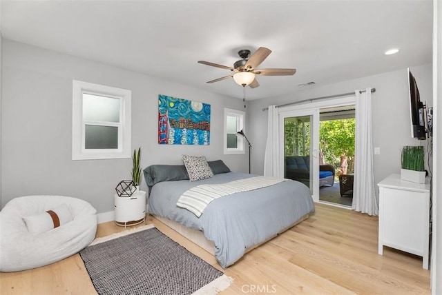 31852 Via Faisan, Coto De Caza, CA 92679 - bedroom featuring access to exterior, light wood-type flooring, a ceiling fan, recessed lighting, and baseboards