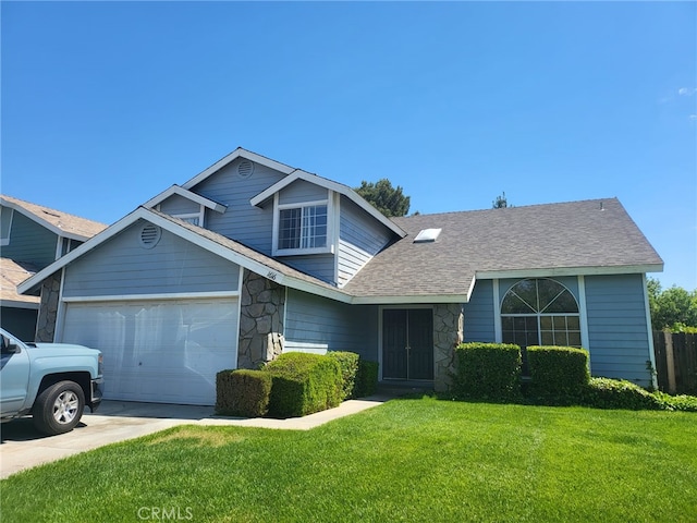 1616 Bluebell St, Lancaster, CA 93535 - traditional home with stone siding, an attached garage, a front yard, driveway, and roof with shingles