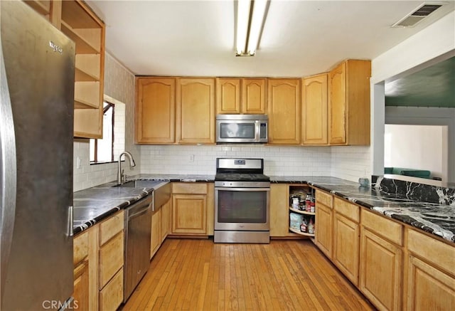 5408 Whitewood Ave, Lakewood, CA 90712 - kitchen featuring stainless steel appliances, open shelves, tasteful backsplash, a sink, and light wood-style floors