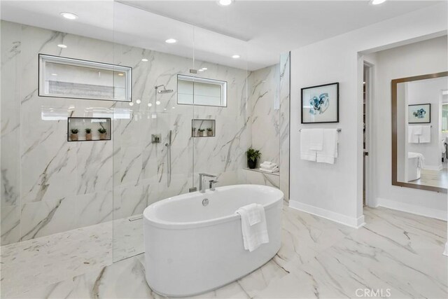 59 Dorado, Irvine, CA 92618 - bathroom with a soaking tub, a marble finish shower, recessed lighting, marble finish floors, and baseboards