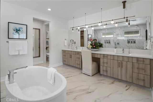 59 Dorado, Irvine, CA 92618 - bathroom with a soaking tub, vanity, recessed lighting, a marble finish shower, and marble finish flooring