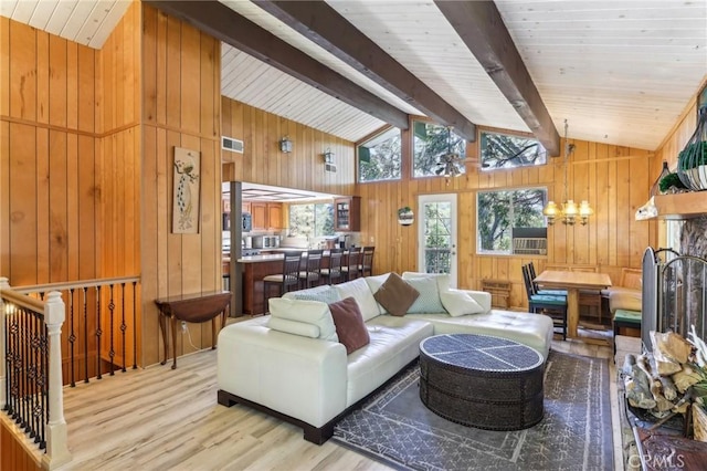 24514 Albrun Dr, Crestline, CA 92325 - living room with light wood-style flooring, wood walls, and a chandelier