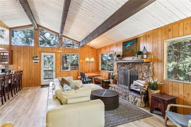 24514 Albrun Dr, Crestline, CA 92325 - living room with wood finished floors, plenty of natural light, wood walls, a fireplace, and wood ceiling