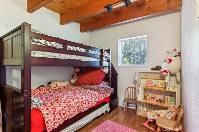 24514 Albrun Dr, Crestline, CA 92325 - bedroom with wood finished floors and wooden ceiling with exposed beams