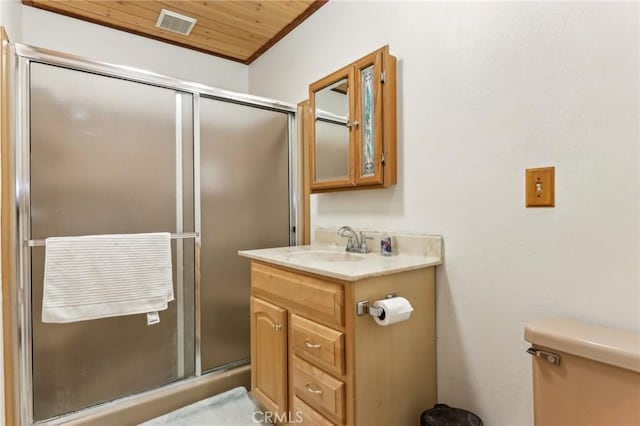 24514 Albrun Dr, Crestline, CA 92325 - bathroom with toilet, vanity, a shower stall, and wooden ceiling