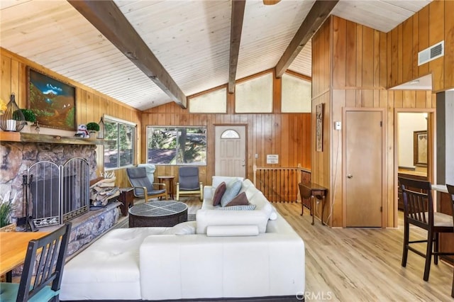 24514 Albrun Dr, Crestline, CA 92325 - living area with light wood finished floors, wooden walls, a fireplace, and wood ceiling