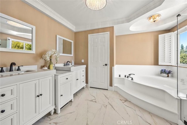 5034 Vista Montana, Yorba Linda, CA 92886 - full bath featuring marble finish flooring, two vanities, plenty of natural light, and crown molding