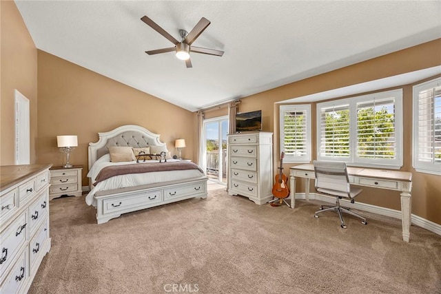 5034 Vista Montana, Yorba Linda, CA 92886 - bedroom featuring lofted ceiling, light colored carpet, baseboards, access to exterior, and ceiling fan