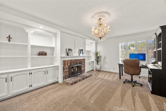 5034 Vista Montana, Yorba Linda, CA 92886 - carpeted home office featuring a chandelier, baseboards, and a fireplace