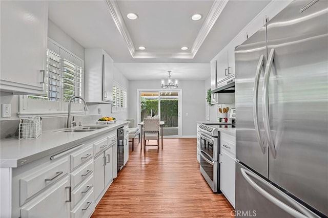 12488 Mantilla Rd, San Diego, CA 92128 - kitchen with appliances with stainless steel finishes, a sink, under cabinet range hood, recessed lighting, and light wood-style floors