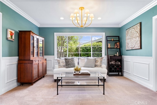 2618 N Louise St, Santa Ana, CA 92706 - living area with a decorative wall, a wainscoted wall, a chandelier, carpet floors, and crown molding