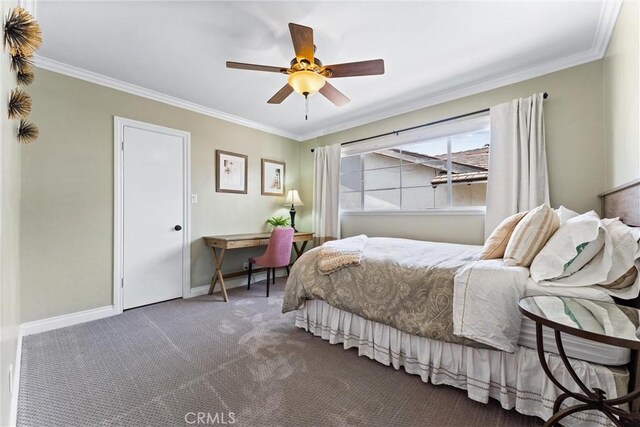 2618 N Louise St, Santa Ana, CA 92706 - bedroom featuring ornamental molding, carpet flooring, baseboards, a ceiling fan, and an office area